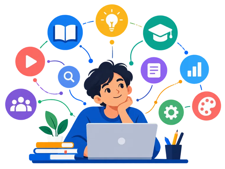A student at a laptop, surrounded by connected learning tools