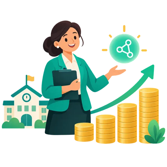 A platform administrator beside a school building and a rising chart of coins