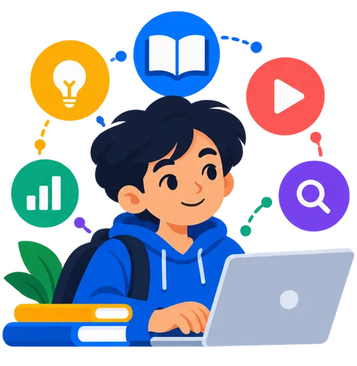 A student at a laptop surrounded by learning tools